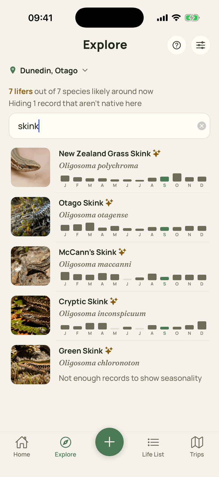 The Explore tab listing the species most likely to be found around a searched place this month.