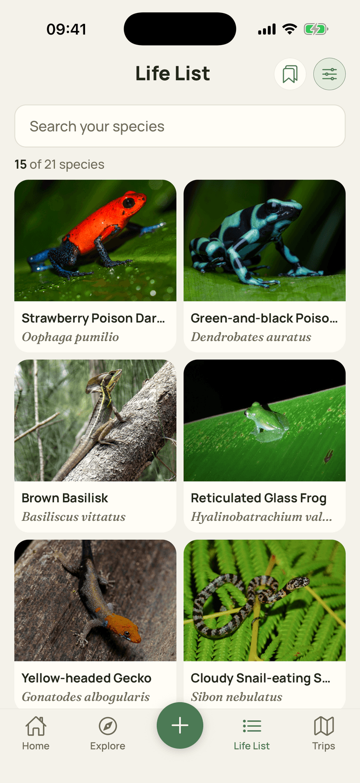 The Life list tab: a grid of species cards with reference photos and scientific names.