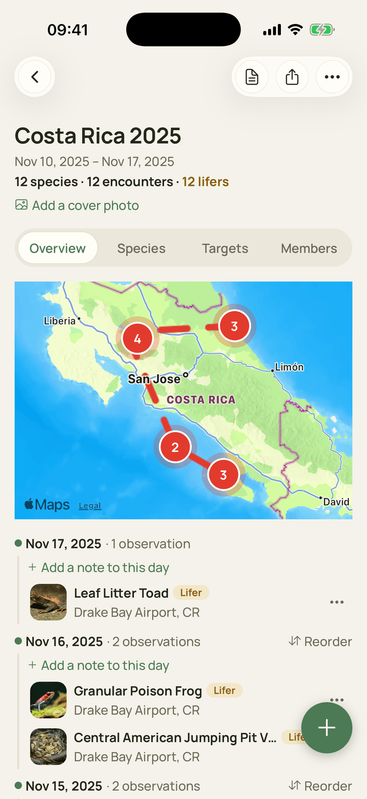 A trip screen with a travel map, the route between stops, and the day journal.
